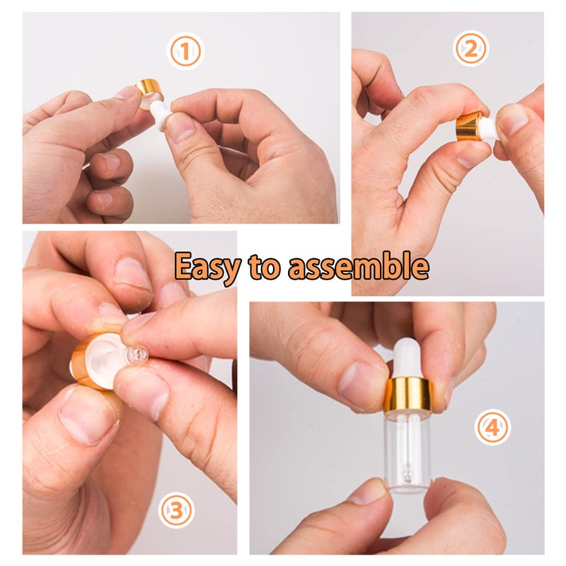Easeen Sample Dropper Bottles, Mini Dropper Bottles with 2 Pcs Plastic Droppers for Traveling Essential Oils DIY Cosmetic Liquid Sample Perfume (Gold, 1ML) - Image 4
